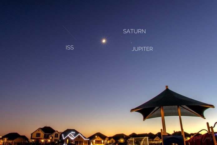 Jupiter, Saturn, the moon and a streak - the ISS - in a twilight sky above a suburban neighborhood.