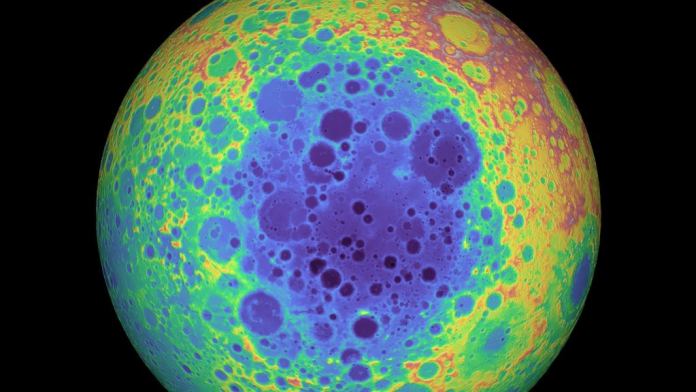 Elevation data of the Moon showing the South Pole-Aitken Basin. Credit: NASA/GSFC/University of Arizona
