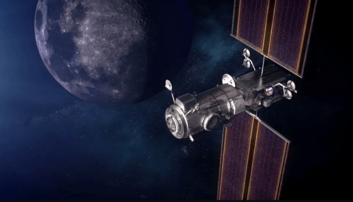 Artist's concept of the Gateway power and propulsion and Habitation and Logistics Outpost (HALO) in orbit around the moon. (Image credit: NASA)