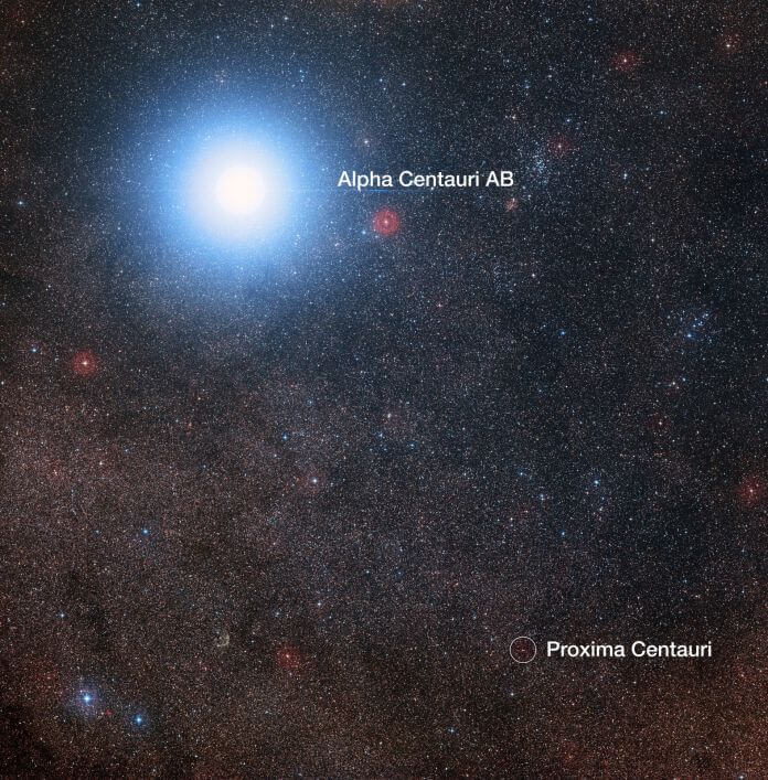 An image of the sky near Proxima Centauri compiled from pictures taken by the Digitized Sky Survey 2. The blue halo is not the stars' true color but an effect of the photographic process. Credit: Digitized Sky Survey 2. Acknowledgement: Davide De Martin/Mahdi Zamani