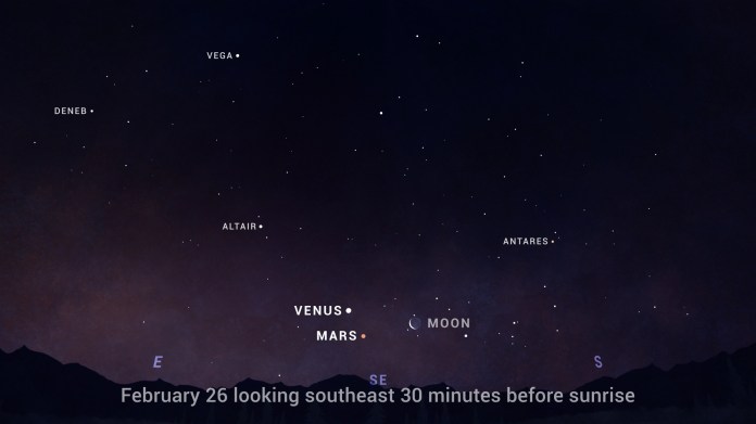 Early morning sky showing Venus, moon, and Mars trio
