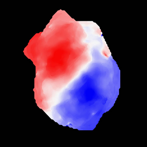 Blob, red on one side and blue on the other, on black background.