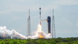 A SpaceX Falcon 9 rocket carrying the company's Dragon spacecraft is launched on NASA’s SpaceX Crew-9 mission to the International Space Station with NASA astronaut Nick Hague and Roscosmos cosmonaut Aleksandr Gorbunov onboard, Saturday, Sept. 28, 2024, from Cape Canaveral Space Force Station in Florida.