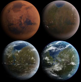 Artist's illustration depicting the terraforming of Mars — turning into a more Earth-like world.