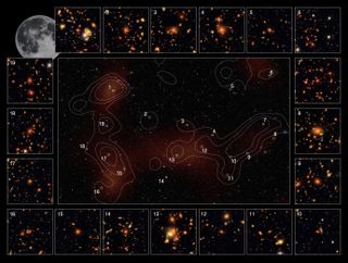 A bunch of images with glowing orange and yellow objects depicted. A large image in the center has diagrams indicating different sections of the image.