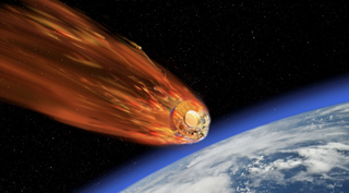 illustration of a satellite reentering earth's atmosphere, leaving a trail of orange fire in its wake