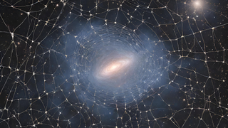 An illustration shows a galaxy ensnared with a cosmic web