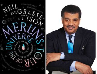 A book cover with swirling titles beside an author in a suit and tie