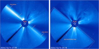 two views of a coronagraph showing a dust trail from a comet