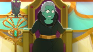 cartoon green-skinned humanoids talk to one another in an ornately decorated throne room