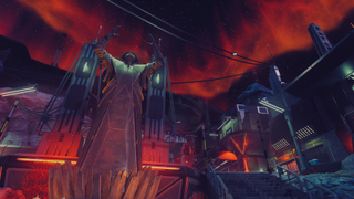 A screenshot of Starfield: Shattered Space showing a statue of a man looking to the sky, which is star-filled surrounded by a red light