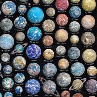 A multitude of spheres ranging from blue to grey and brown