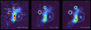 Three purple boxes containing glowing orbs against a black background with a white hexagon indicating the site of colliding galaxies