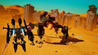 A mech suit flying above a giant quadrupedal robot above a ruined city in the desert.