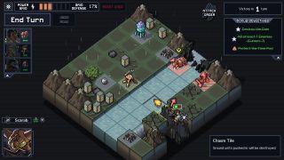 A screenshot of a grid-based strategy game showing mech suits battling in a mountainous region with a river running through it.