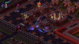 An isometric view above a neon-infused cyberpunk city showing a mech suit running through the streets.