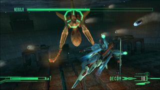 A mech suit flying around a giant tentacled robot, while several rockets fly through the air.