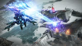 A quadrupedal mech suit flying above a building, firing a triple-beamed energy weapon at a target on the ground.