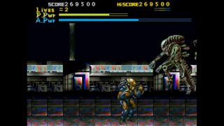 Screenshot from Alien vs. Predator (1993) showing a Predator fighting an Alien.