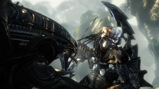 Screenshot from Aliens vs. Predator (2010) showing an Alien and a Predator locked in combat.