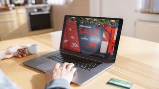 Image shows someone shopping on a laptop during the Christmas sales