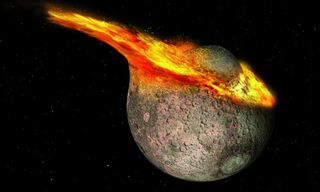 A large grey sphere intersected by a smaller grey sphere with a splash of orange lava where the two meet