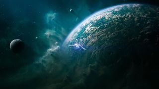 Cinematic view of a small spaceship flying towards a large planet.