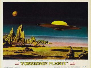 A Hollywood promo image for a sci-fi film depicting a flying saucer