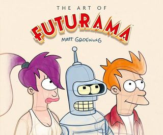 An alien, a robot, and a dorky dude on the cover of a "Futurama" art book