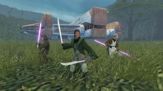 Image from the game Star Wars Knights of the Old Republic II: The Sith Lords. Standing in the tall grass are three people ready to fight. From left to right: On the left is a person wearing a brown hooded robe holding a purple lightsaber. In the middle is a person in a green robe with cream trousers is hold two futuristic-looking swords, one in each hand. On the right is a person wearing brown robes over a cream outfit holding a double ended purple lightsaber. In the background there is a spaceship and tall trees and plants.