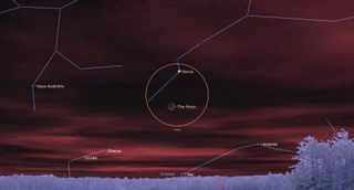 a pink hazy sky looms over a low grassy horizon, with thin blue lines tracing faint points to show constellations. A small crescent moon hangs near the center, circled with venus inside a thin orange circle.