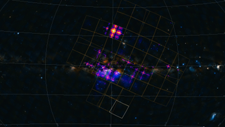 A view of the Milky Way from Einstein's Probe's perspective. There are various squares overlain on the image and bright purple spots of X-ray activity.