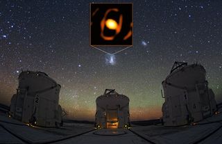 A golden ring in a highlighted black box over three grey domed telescopes