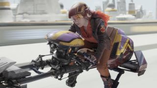 Purple haired girl riding a speeder bike down a highway.