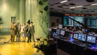 a lion, a scarecrow, a tin man, and a young girl stand on a yellow road (left); and a room full of computers and large tv screens (right)