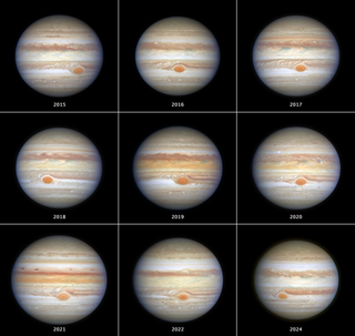 Nine images of the gas giant jupiter are stacked in three rows of three.