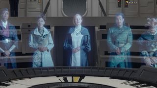 Holograms of various important looking people stood around a table.