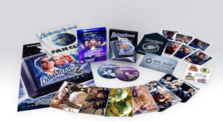 A collection of Blu-ray discs, posters and character cards for a home video product