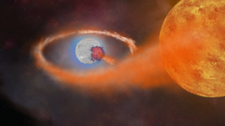 An illustration shows a bright orange star feeding on a close white-ish companion star.