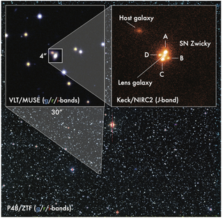 a distant exploding star is warped into four red dots