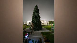 a man in camouflage fatigues speaks into a microphone in front of a cone-shaped evergreen tree