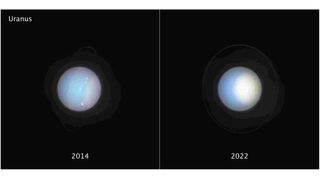 two side-by-side telescope views of a blurry planet against the blackness of space