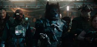 A werewolf alien gathered with a crew of space pirates