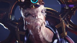 Still from sci-fi video game Halo. Close up image of a member of the Sangheili alien race (aka Elites). They have pink skin, wide-set eyes, wide-set nostrils, a long neck and are wearing elaborate gold armour around their neck, shoulders and head.