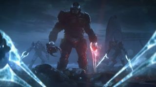 Still from the sci-fi video game Halo. A large gorilla-like alien wearing armor and wielding a futuristic, dual-blade sword is preparing to fight.